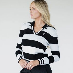 NWT Fore All Iris Sweater V-Neck Collared Women’s Large Black White Stripe Golf